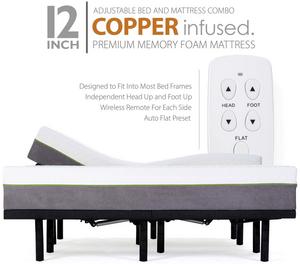 Adjustable Bed Frame and 12 Inch Split King Copper Infused Cool Memory Foam Mattress