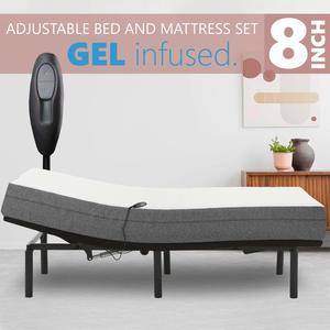 Blissful Nights Adjustable Bed Frame with 8 inch Firm Gel Infused Memory Foam Mattress