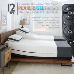 Blissful Nights Ananda 12 inch Pearl and Cool Gel Infused Memory Foam Mattress with Premium Adjustable Bed Frame Combo